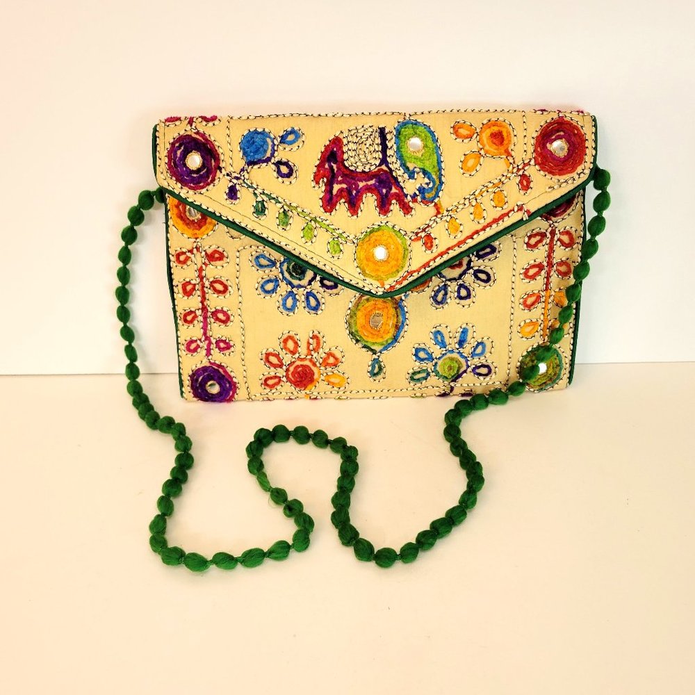 Multicolored Embroidered Boho Purse with Flowers and Elephant - Picture 5 of 6